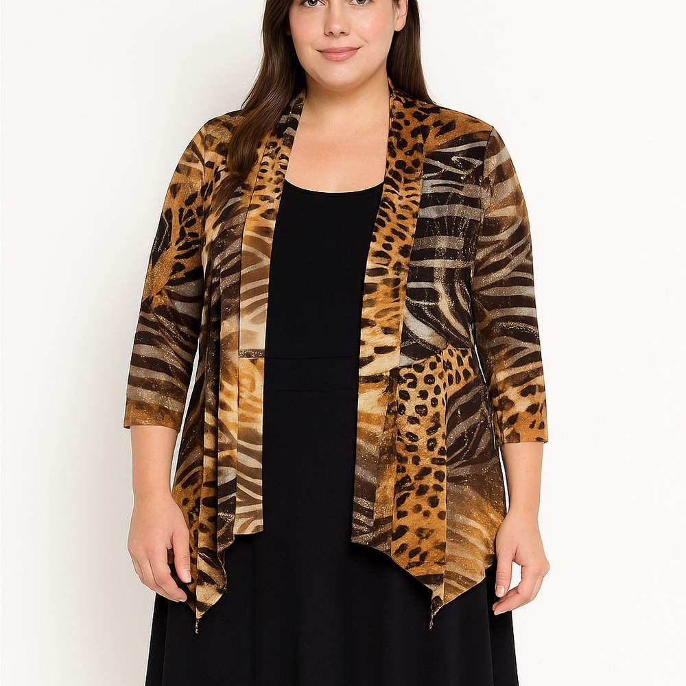 Frank Lyman Womens Slinky Zebra Waterfall Cardigan 8 Metallic Swirl Glam Evening